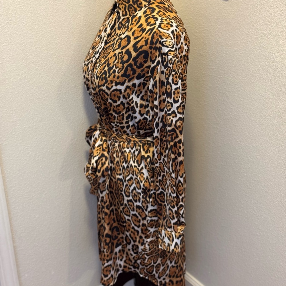 Boston Proper Animal Cheetah Print Satin Shirt Dress Belted Tie Front XS S - Picture 6 of 9